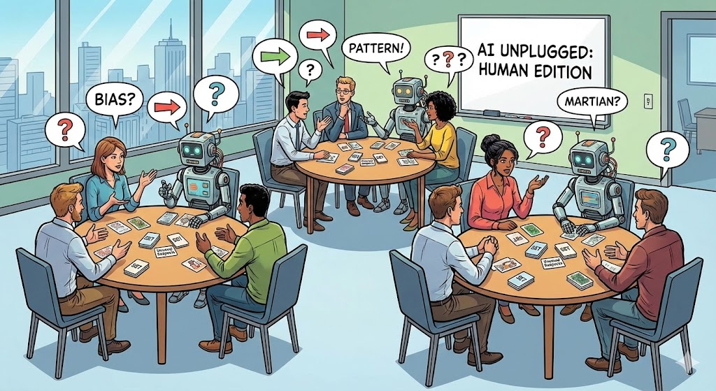 Image: Photo of the workshop room, cards on tables, people debating